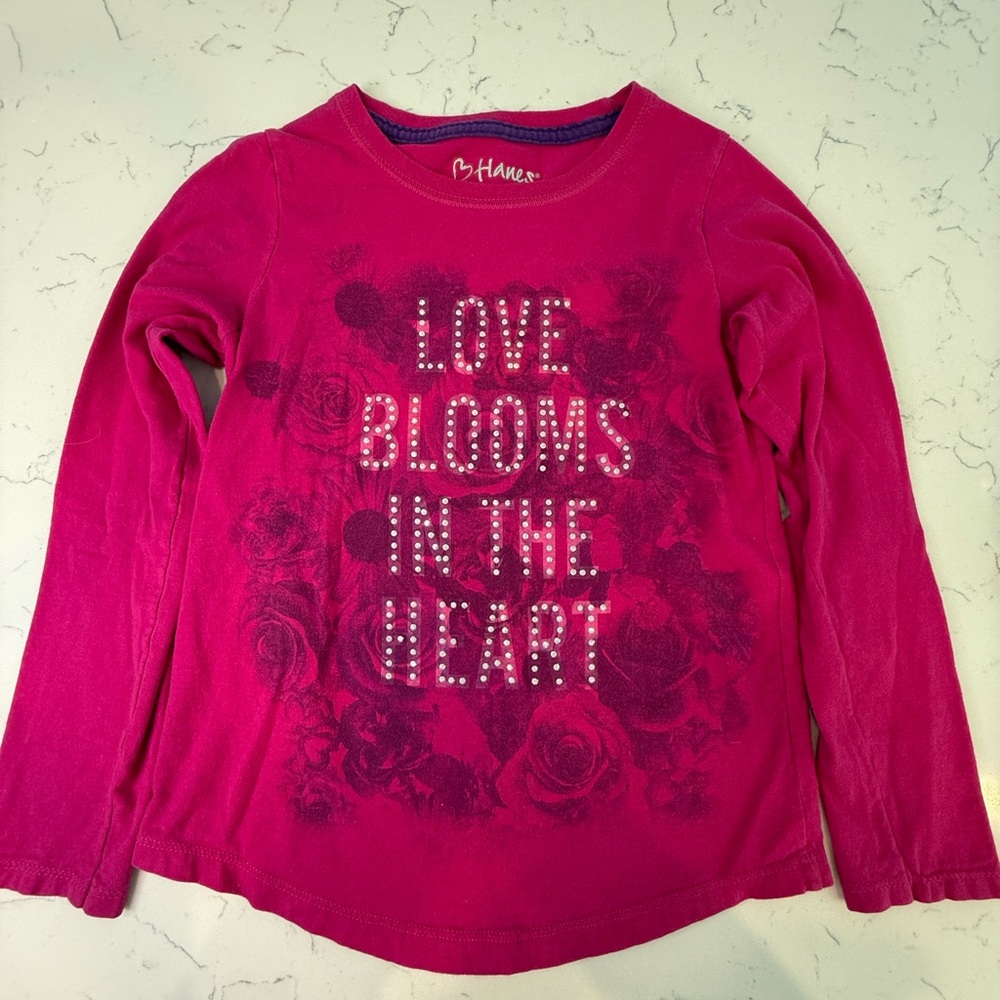Hanes Pink Long Sleeve Tee with Floral Love Design
